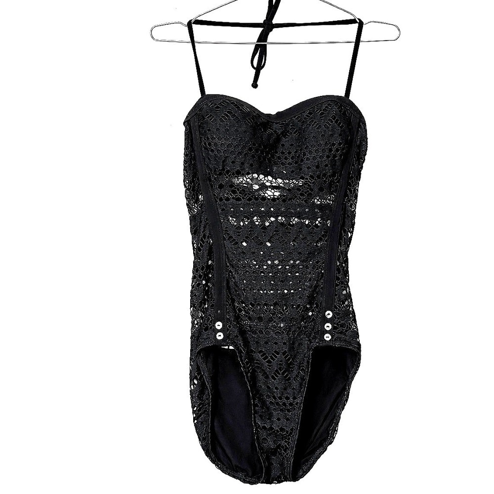 Robin Piccone Black Crochet Lace Halter One Piece Swimsuit 120311 Size 6